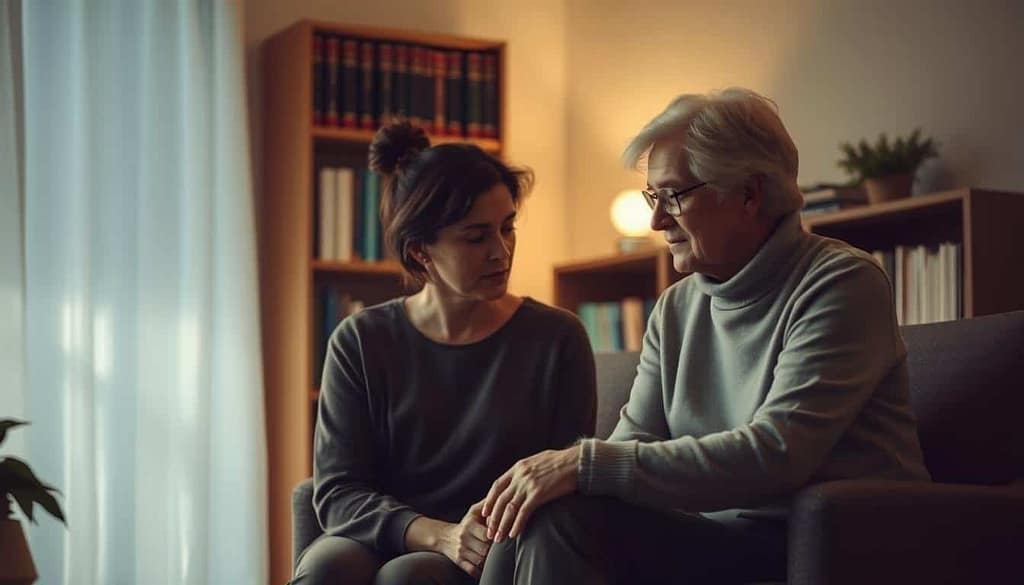 Wie gehe ich mit meiner Trauer um? 3 A serene and comforting scene of a grief counselor sitting with a person in a dimly lit, cozy room. The counselor, dressed in muted tones, exudes a calming presence as they listen intently, offering a supportive and empathetic demeanor. In the background, a bookshelf filled with volumes on grief and healing provides a sense of expertise and professionalism. Soft, warm lighting casts a gentle glow, creating an atmosphere of trust and understanding. The person receiving counsel appears vulnerable yet comforted, their posture reflecting a sense of openness and acceptance as they navigate the profound experience of loss and grief.